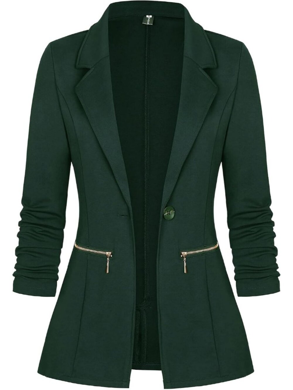 Women's Dark Green Stretch Long Sleeve Single Button Gold Zipper Pockets Jacket